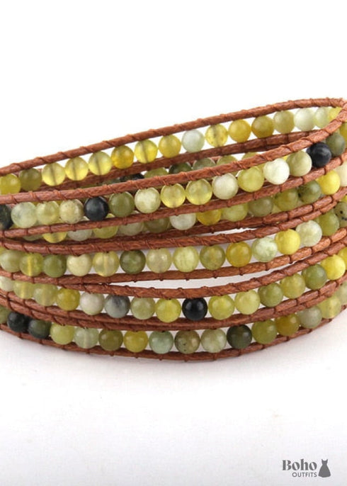 Pulsera Boho, RH, Pulsera de Cuero de 5 Capas, Piedras Naturales de 4 mm, Azul, Blanco y Negro