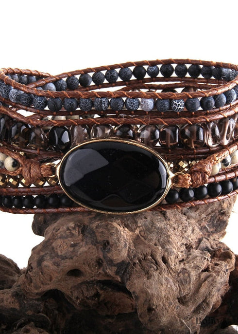 Pulsera Boho, RH, Pulsera de Cuero de 5 Capas, Ónix Negro