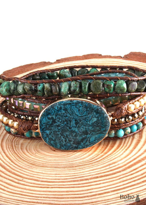 Pulsera Boho, RH, Pulsera de Cuero de 5 Capas, Ónix Negro