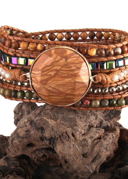 Pulsera Boho, Pulsera de Cuero de 5 Capas RH, Turmalina Negra