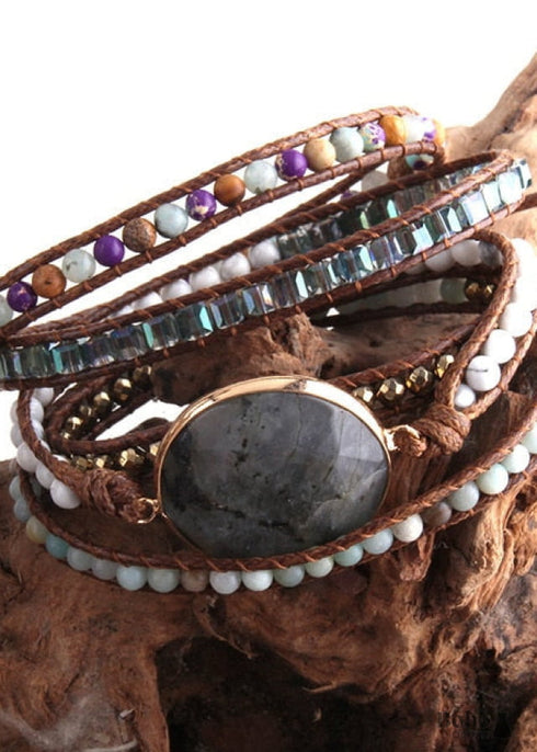 Pulsera Boho, Pulsera de Cuero de 5 Capas RH, Turmalina Negra