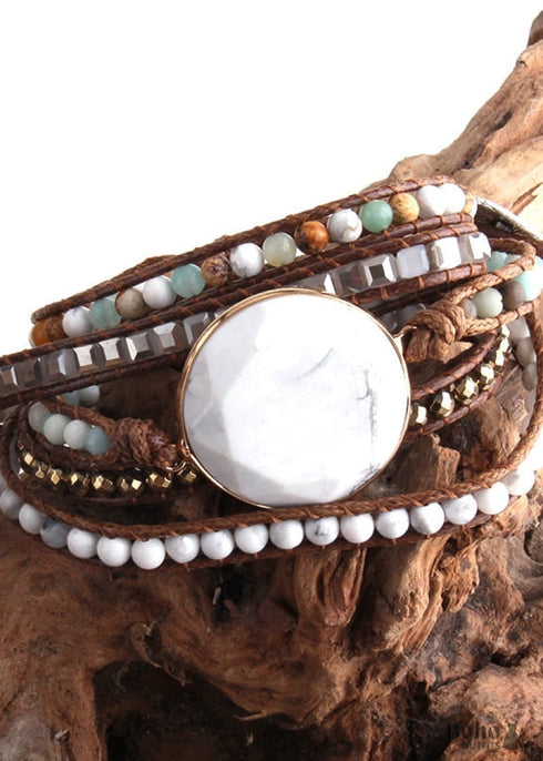 Pulsera Boho, Pulsera de Cuero de 5 Capas RH, Turmalina Negra