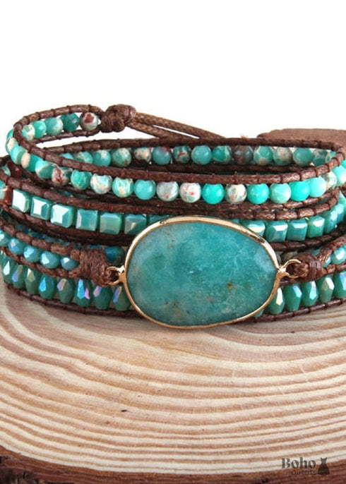 Pulsera Boho, Pulsera de Cuero RH de 5 Capas, Cristal y Piedras Naturales
