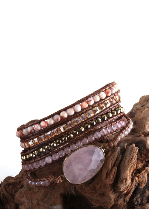 Pulsera Boho, Pulsera de Cuero RH de 5 Capas, Cristal y Piedras Naturales