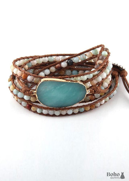 Boho Bracelet, RH 5 Layers Leather Wrap Bracelet, Natural Stones, Blue, White, Brown