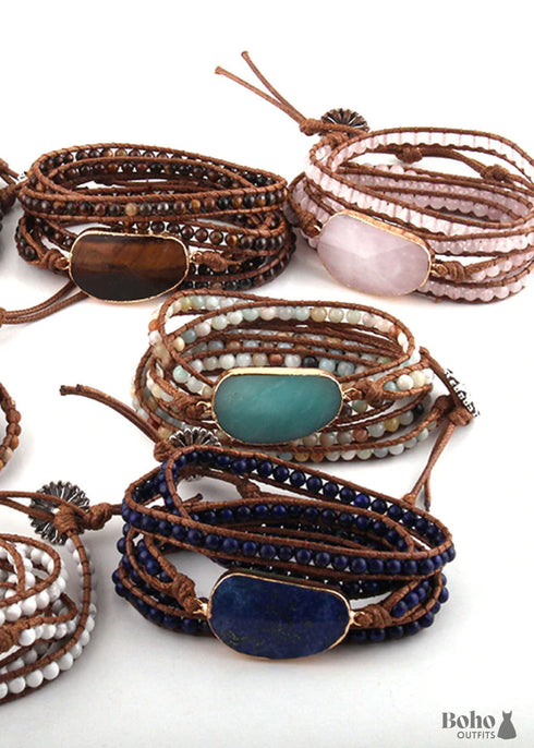 Boho Bracelet, RH 5 Layers Leather Wrap Bracelet, Natural Stones, Blue, White, Brown