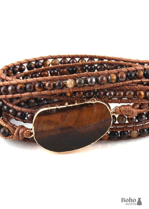 Boho Bracelet, RH 5 Layers Leather Wrap Bracelet, Natural Stones, Blue, White, Brown