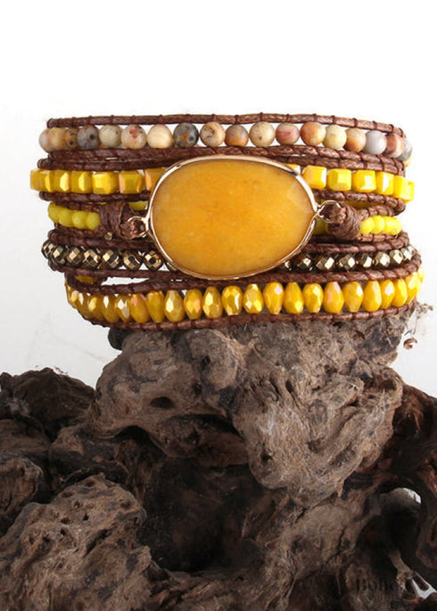 Boho Bracelet, RH 5 Layers Leather Wrap Bracelet, Natural Stones, Crystal Silver