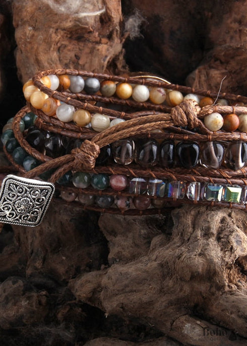 Pulsera bohemia de cuero de 5 capas, RH, piedras naturales, marrón polvoriento.