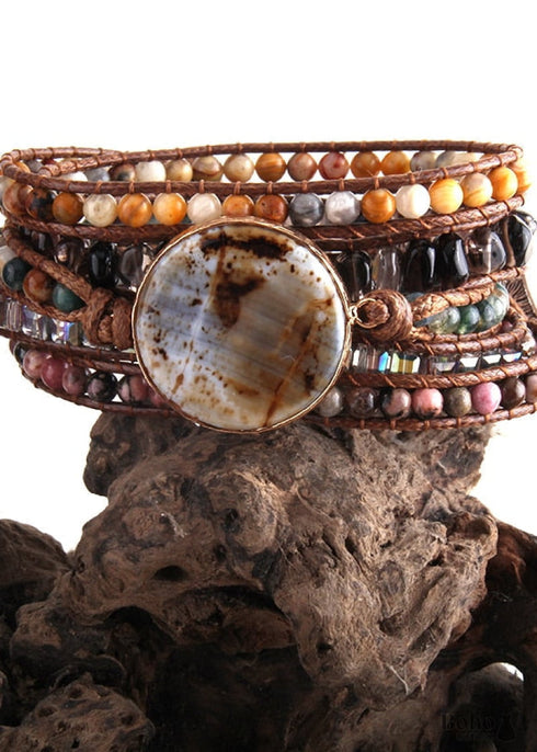 Pulsera bohemia de cuero de 5 capas, RH, piedras naturales, marrón polvoriento.