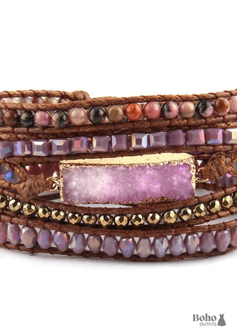 Pulsera bohemia de cuero de 5 capas, RH, piedras naturales, zafiro morado dorado