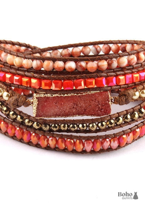 Pulsera bohemia de cuero de 5 capas, RH, piedras naturales, zafiro morado dorado