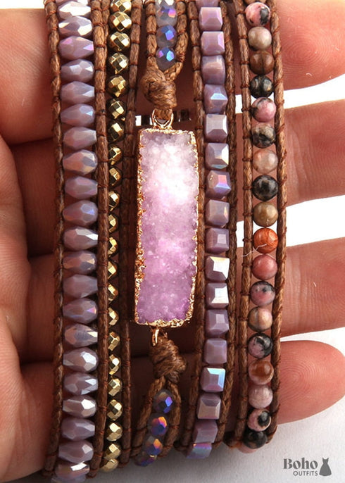 Pulsera bohemia de cuero de 5 capas, RH, piedras naturales, zafiro morado dorado