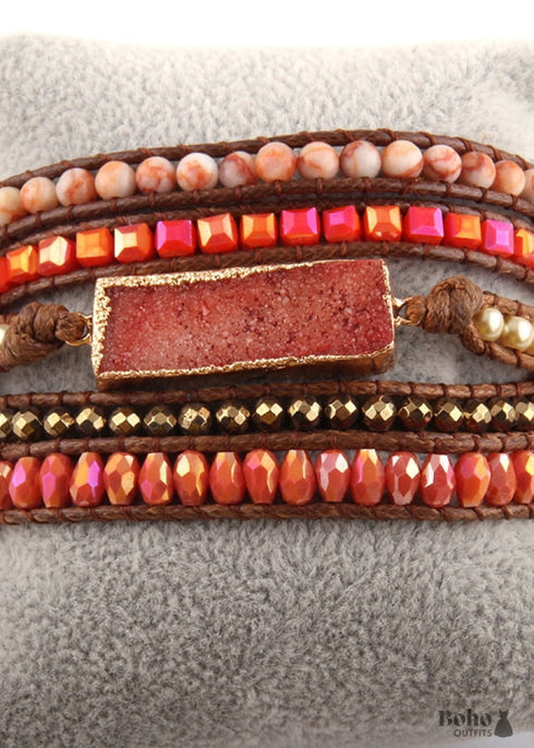 Pulsera bohemia de cuero de 5 capas, RH, piedras naturales, zafiro morado dorado