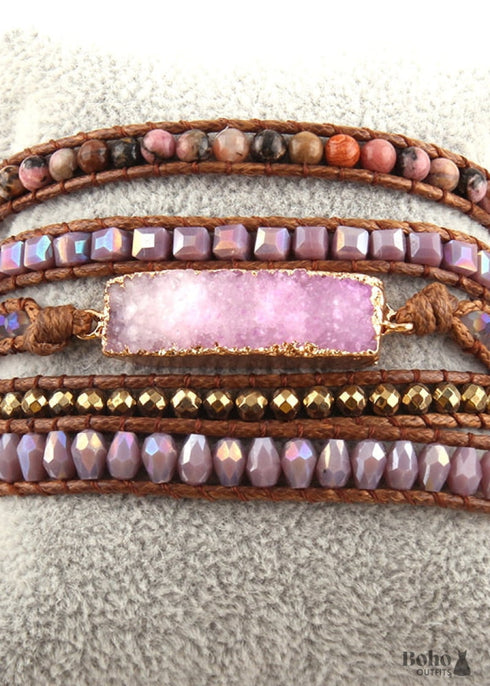 Pulsera bohemia de cuero de 5 capas, RH, piedras naturales, zafiro morado dorado