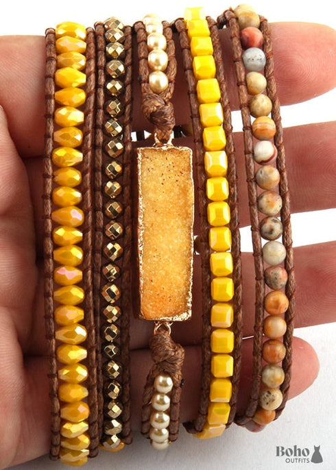 Pulsera bohemia de cuero de 5 capas, RH, piedras naturales, zafiro morado dorado