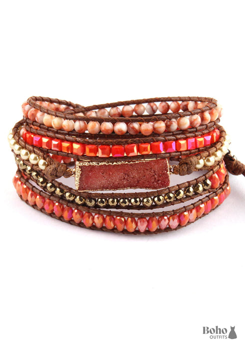 Pulsera bohemia de cuero de 5 capas, RH, piedras naturales, zafiro morado dorado