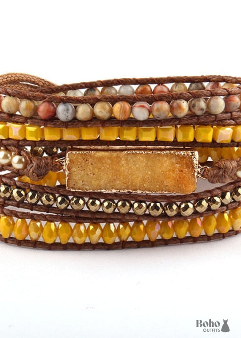 Pulsera bohemia de cuero de 5 capas, RH, piedras naturales, zafiro morado dorado