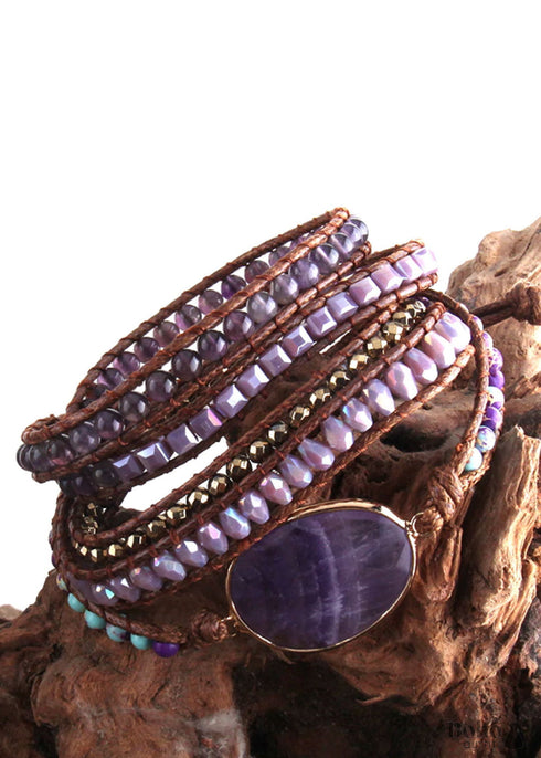 Boho Bracelet, RH 5 Layers Leather Wrap Bracelet, Natural Stones, Green, Rose, Purple
