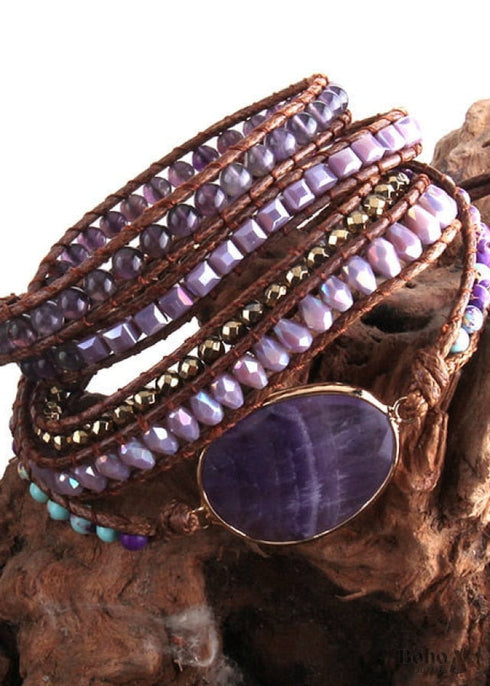 Boho Bracelet, RH 5 Layers Leather Wrap Bracelet, Natural Stones, Green, Rose, Purple