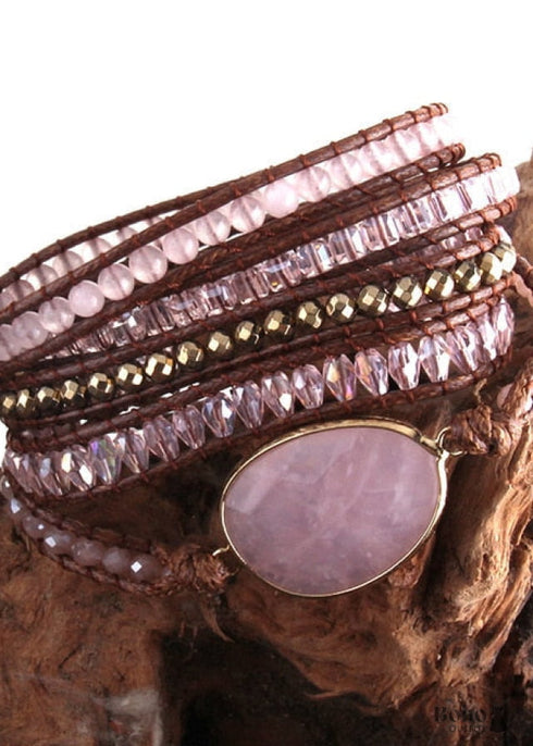 Boho Bracelet, RH 5 Layers Leather Wrap Bracelet, Natural Stones, Green, Rose, Purple