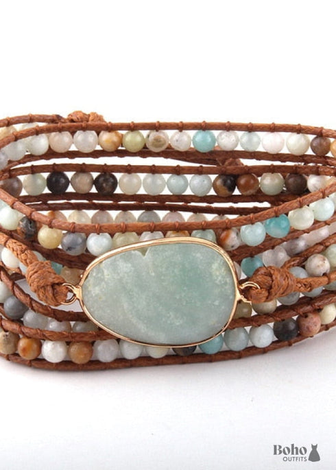 Pulsera Boho, Pulsera de Cuero de 5 Capas RH, Piedras Naturales, Lapislázuli Azul Marino