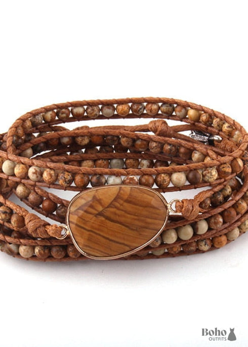 Pulsera Boho, Pulsera de Cuero de 5 Capas RH, Piedras Naturales, Lapislázuli Azul Marino