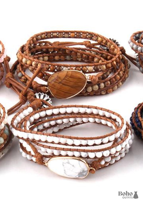 Pulsera Boho, Pulsera de Cuero de 5 Capas RH, Piedras Naturales, Lapislázuli Azul Marino