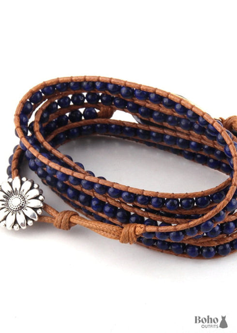 Pulsera Boho, Pulsera de Cuero de 5 Capas RH, Piedras Naturales, Lapislázuli Azul Marino