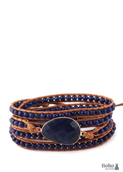 Pulsera Boho, Pulsera de Cuero de 5 Capas RH, Piedras Naturales, Lapislázuli Azul Marino