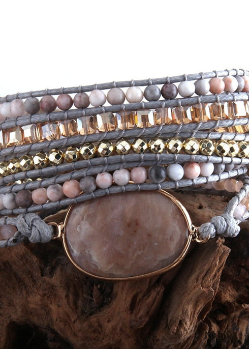 Pulsera Boho, Pulsera de Cuero RH de 5 Capas, Piedras Naturales, Cuarzo Rosa Plateado