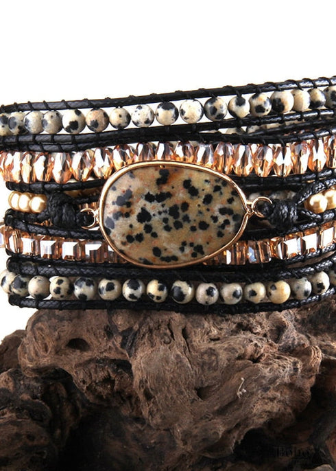 Pulsera Boho, Pulsera de Cuero RH de 5 Capas, Piedras Naturales, Cuarzo Rosa Plateado