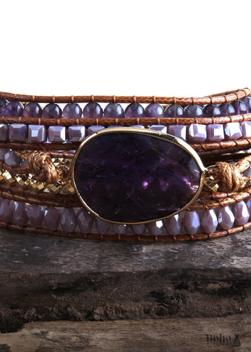 Pulsera Boho, Pulsera de Cuero RH de 5 Capas, Piedras Naturales, Cuarzo Rosa Plateado