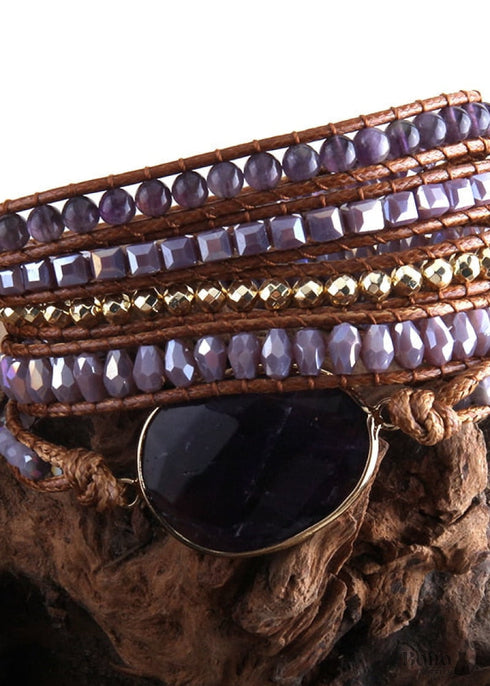 Pulsera Boho, Pulsera de Cuero RH de 5 Capas, Piedras Naturales, Cuarzo Rosa Plateado