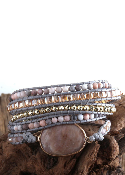 Pulsera Boho, Pulsera de Cuero RH de 5 Capas, Piedras Naturales, Cuarzo Rosa Plateado