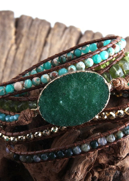 Pulsera Boho, Pulsera de Cuero RH de 5 Capas, Piedras Naturales, Blanco Nieve y Negro