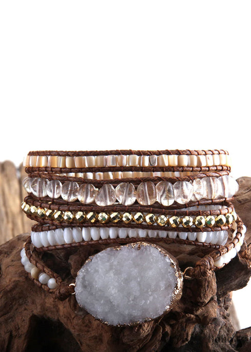Pulsera Boho, Pulsera de Cuero RH de 5 Capas, Piedras Naturales, Blanco Nieve y Negro