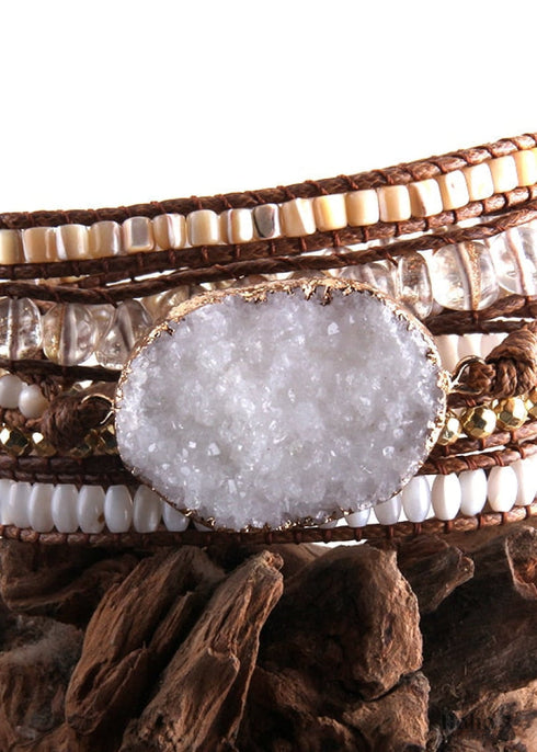 Pulsera Boho, Pulsera de Cuero de 5 Capas RH, Piedras Naturales, Blanco Nieve