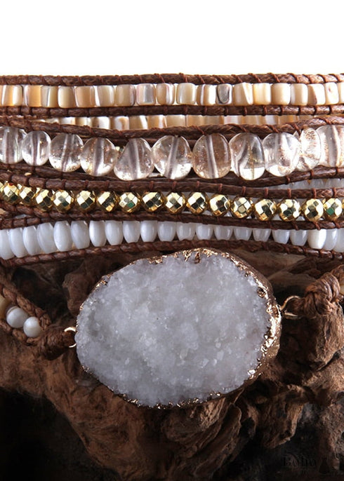 Pulsera Boho, Pulsera de Cuero de 5 Capas RH, Piedras Naturales, Blanco Nieve