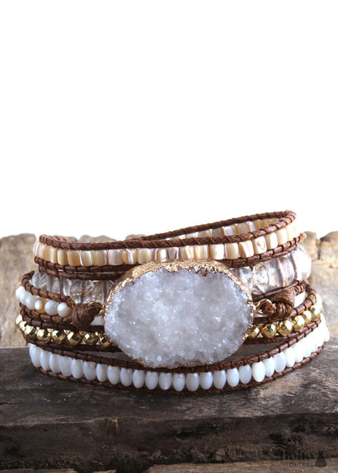 Pulsera Boho, Pulsera de Cuero de 5 Capas RH, Piedras Naturales, Blanco Nieve