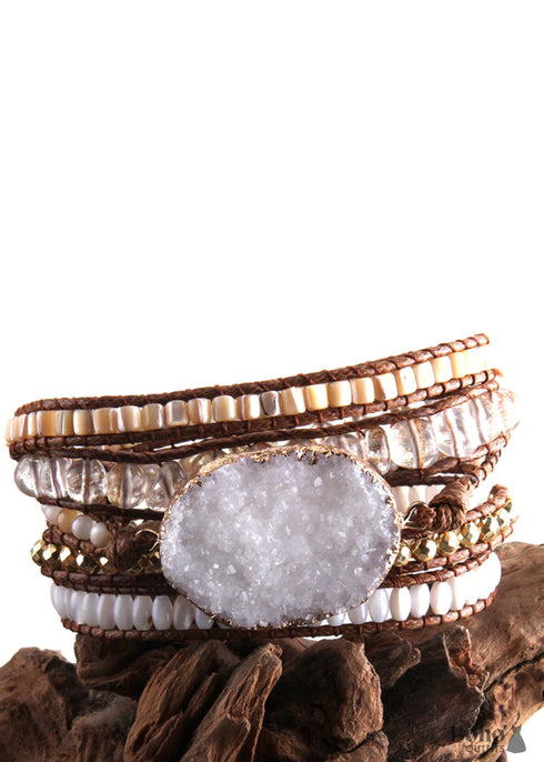 Pulsera Boho, Pulsera de Cuero de 5 Capas RH, Piedras Naturales, Blanco Nieve