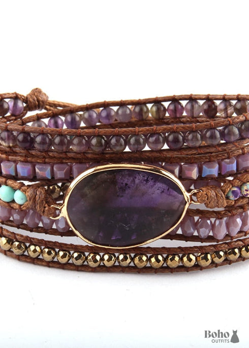 Boho Bracelet, RH 5 Layers Leather Wrap Bracelet, Natural Stones, Violet Amythyst