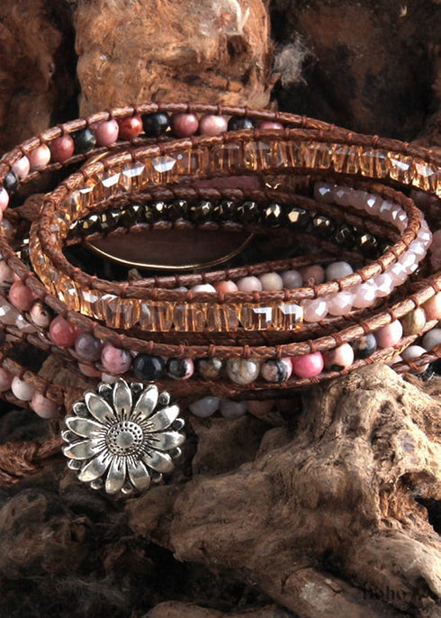 Boho Bracelet, RH 5 Layers Leather Wrap Bracelet, Pink Rose quartz