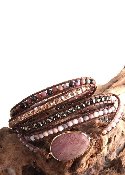 Boho Bracelet, RH 5 Layers Leather Wrap Bracelet, Pink Rose quartz