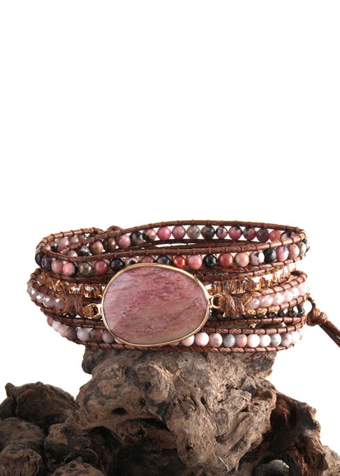 Boho Bracelet, RH 5 Layers Leather Wrap Bracelet, Pink Rose quartz