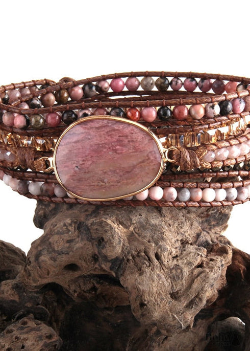 Boho Bracelet, RH 5 Layers Leather Wrap Bracelet, Pink Rose quartz