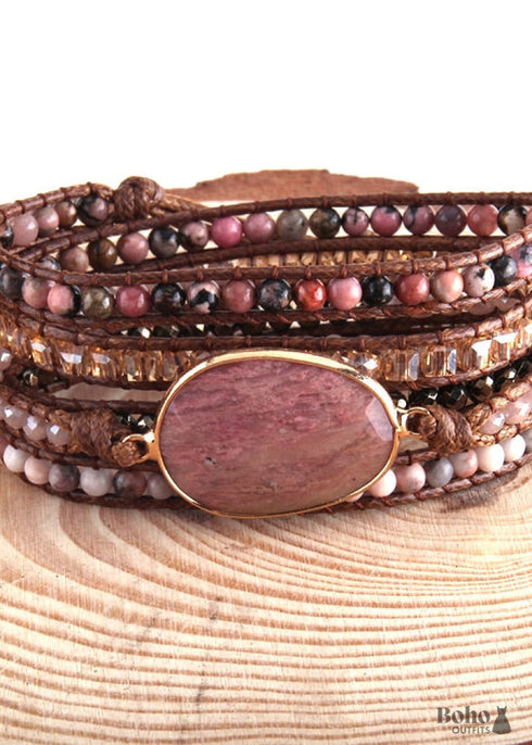 Boho Bracelet, RH 5 Layers Leather Wrap Bracelet, Pink Rose quartz