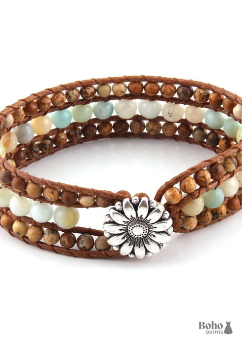 Pulsera Boho, Pulsera de Cuero RH, Loto de Amazonita Azul