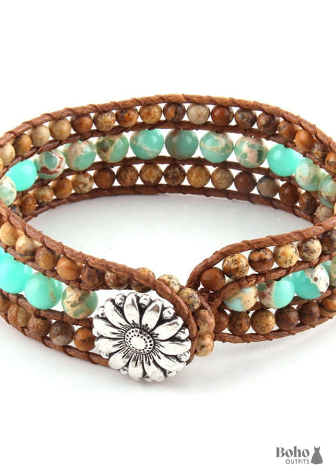 Pulsera Boho, Pulsera de Cuero RH, Loto de Amazonita Azul