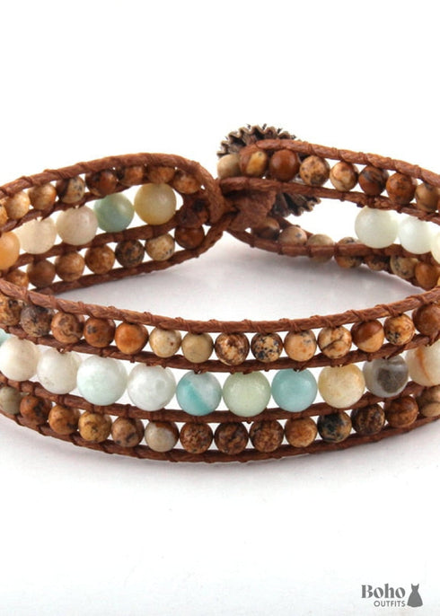 Pulsera Boho, Pulsera de Cuero RH, Loto de Amazonita Azul